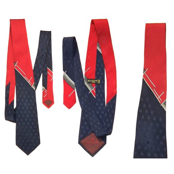 80s Lanvin SILK Tie | Lanvin Paris Navy & Red Necktie - Picture 5 of 6